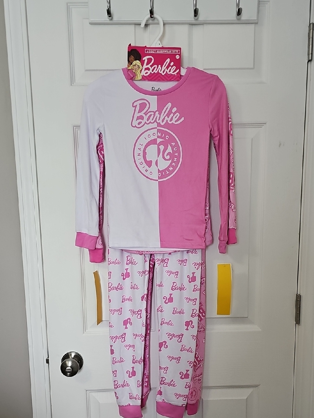 Barbie Pink and White Girls' Long Sleeve Pajamas- 2 Sets. Size 8. Nwt.